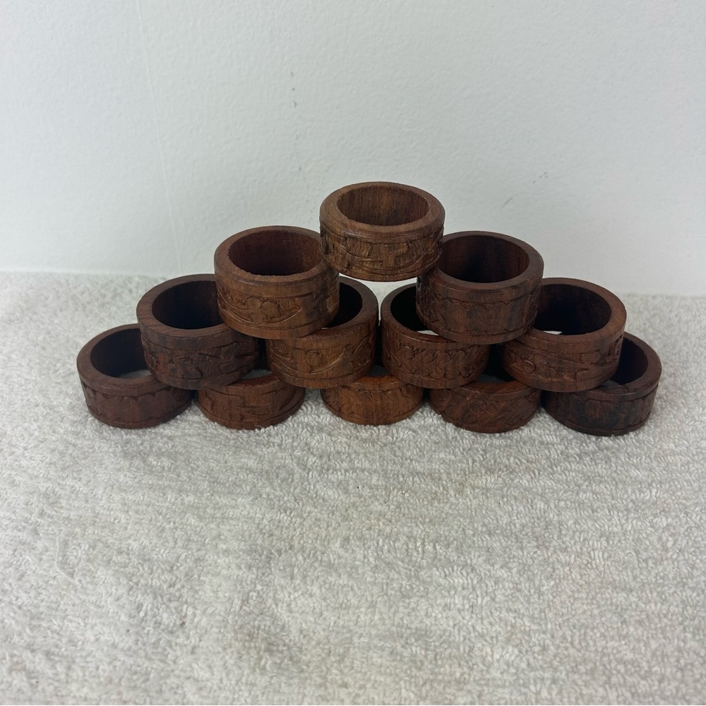VTG Carved Boho Design Wood Napkin Rings Holder - 2 unique designed sets of 6